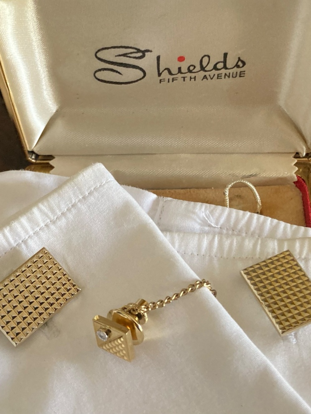 Vintage Pierre Cardin Tie Tack & Shields Pyramid Cufflinks – Gold Tone 1970s